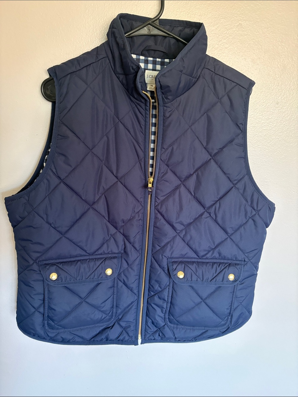 J. Crew Excursion Navy Gingham Puffer Vest with Gold Accents